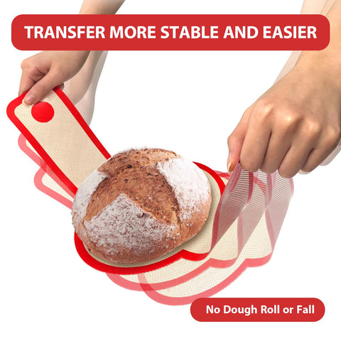 Hands using Nonstick Silicone Bread Sling Set Oval And Round Easy Grab Handles for lifting bread.