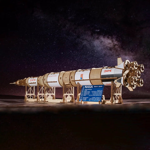 Saturn V 3D Puzzle Kit for Adults Wooden Model Rocket Set Space Shuttle Model Aerospace Engineering Gift Epic Nerdy Brain Teaser Hobby Craft Full DIY Kit for Collectors and Builders, 1:170 scale wooden model on display stand