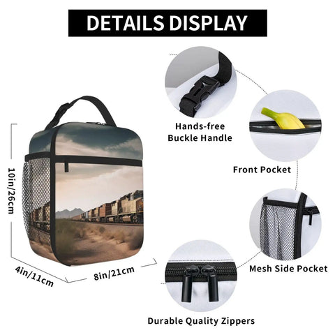 Insulated Lunch Bag With Detachable Handle For Women And Men, Leakproof Cooler Tote, Reusable Lunch Box, Desert Train Vibe, features display
