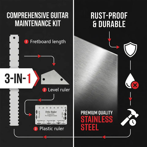 All In One Guitar Maintenance Kit With Fret Press And Fret Leveling Tools, 3 Piece Luthier Set overview, stainless steel material.