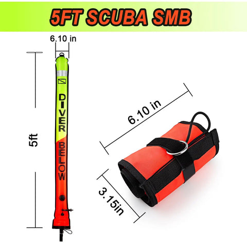 5ft Surface Marker Buoy For Diver Safety High Visibility Open Bottom SMB With Oral Inflator And Reflective Strip shown unrolled
