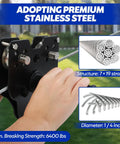 Close-up of zip line kit trolley on stainless cable, showcasing 7x19 strand structure and 1/4 inch diameter, heavy-duty design.