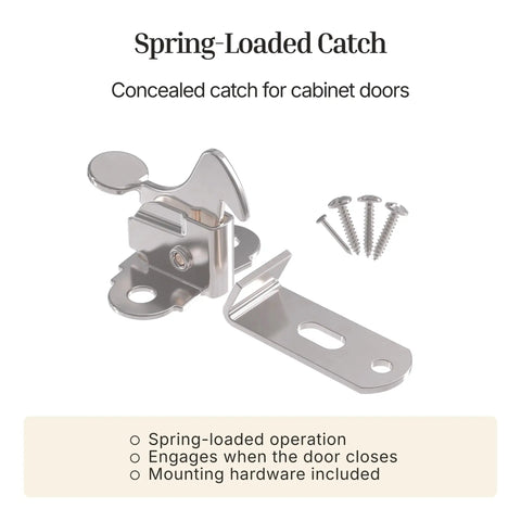Top Shelf Nickel Plated Spring Action Elbow Door Catch And Latch For Antique Vintage Cabinet Hardware with screws included.