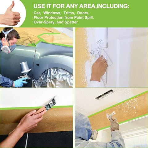 Pro Grade PreTaped Masking Paper And Tape Set 6 Rolls Of 18 Inch By 50 Feet used on car, trim, and door for paint protection