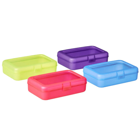 Four Pack Large Pencil Cases Set for School, Office, and College in bright pink, yellow, blue, and purple organizer boxes.