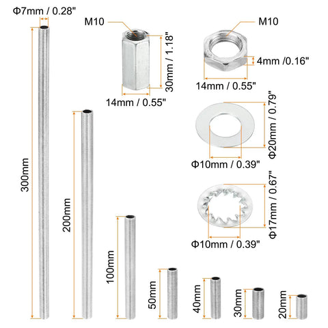 M10 Thread Lamp Pipe Kit With Lock Nuts And Washers And Fasteners For Chandelier Ceiling Light DIY Zinc Plated Hardware Set In 20mm 30mm 40mm 50mm And 100mm Lengths product image, showing threaded pipes and hardware