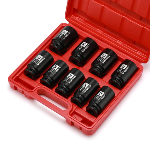 1/2 Inch Drive Deep Impact Socket Set, 9 Piece Metric Range 29mm Through 38mm, 6 Point Axle Nut Sockets, in red case