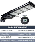 Image showing the Beefed Up 300W Solar Street Light with 8000LM flood lights and motion sensor, ideal for wide outdoor use.