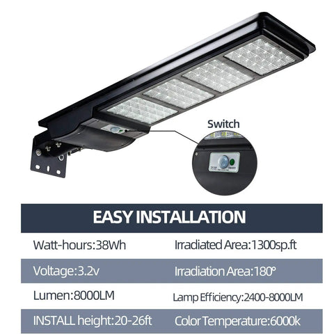 Image showing the Beefed Up 300W Solar Street Light with 8000LM flood lights and motion sensor, ideal for wide outdoor use.