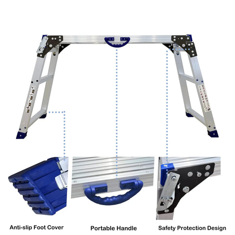 All In One Work Platform 39 By 12 Inch, showing anti-slip foot cover, portable handle, and safety protection design.