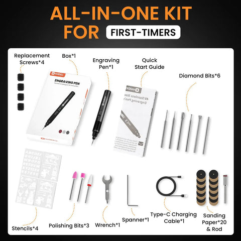 Badass Brushless Engraving Pen With 41 Heavy Duty Accessories For Metal Wood Glass And Plastic Usb C Rechargeable Cordless Carving Tool Slick Precision Kit For Hobbyists And Beginners, all-in-one engraving kit with accessories.