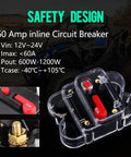 Close-up of a 60 Amp inline circuit breaker, part of 8 Gang Switch Panel For Trucks Boats ATVs UTVs SUVs Caravans And Marine Slim Waterproof LED On Off Panel 12 24V Compatible 60A 1200W Max Universal Relay System Box For Clean Up Messy Wiring.