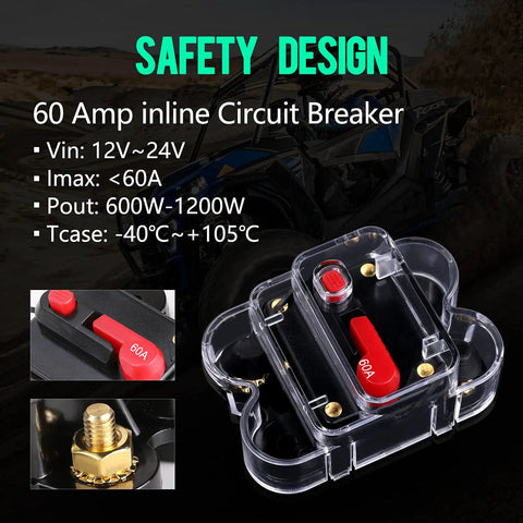 Close-up of a 60 Amp inline circuit breaker, part of 8 Gang Switch Panel For Trucks Boats ATVs UTVs SUVs Caravans And Marine Slim Waterproof LED On Off Panel 12 24V Compatible 60A 1200W Max Universal Relay System Box For Clean Up Messy Wiring.