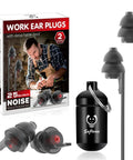 Work ear plugs with detachable cord, 25 decibels noise reduction, packaging and earplugs with portable black case and carabiner.
