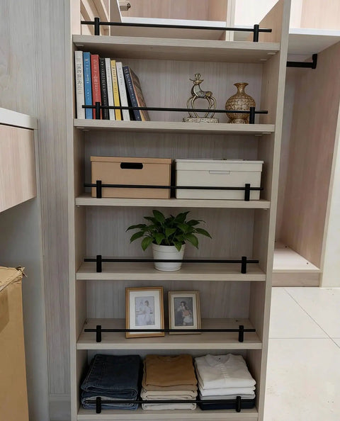 Straight Up Rock Solid Three Piece Metal Gallery Rails With Fresh Bronze Spindles And Heavy Duty Brackets For 22 Inch Replacement Shelf Guard Rods Tight Display Rack on wooden shelving with books and decorative items.