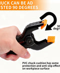 Hand holding a 4.5 inch heavy-duty spring clamp with adjustable 90-degree PVC chuck for Five Pack Four And A Half Inch Spring Clamps For Backdrops And Crafts.