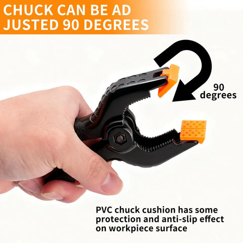 Hand holding a 4.5 inch heavy-duty spring clamp with adjustable 90-degree PVC chuck for Five Pack Four And A Half Inch Spring Clamps For Backdrops And Crafts.