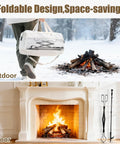 Beefy 32 Inch Fire Pit Poker And 26 Inch Fireplace Tongs Tool Set next to outdoor fire and indoor fireplace scene with text "Foldable Design, Space-saving!"