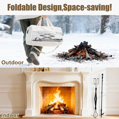 Beefy 32 Inch Fire Pit Poker And 26 Inch Fireplace Tongs Tool Set next to outdoor fire and indoor fireplace scene with text "Foldable Design, Space-saving!"