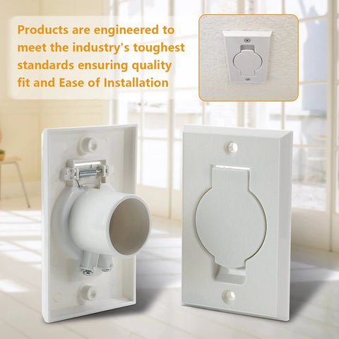 Two white central vacuum wall plate inlet covers with round doors; front and interior view.