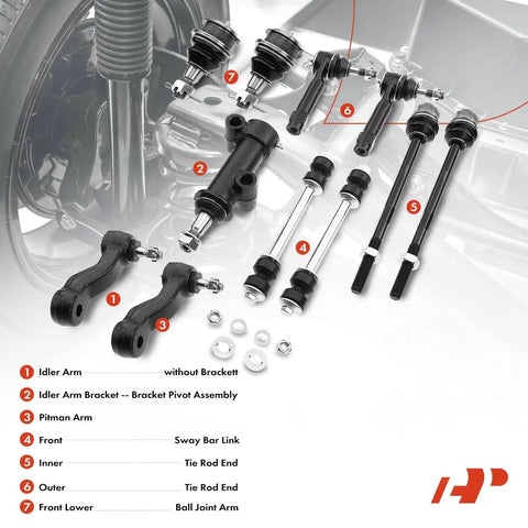 11 Piece Suspension Kit With Sway Bar Link Lower Ball Joint And Idler Arm For Chevy Silverado 1500 1999 2006 4WD And GMC Sierra 1500 1999 2006 4WD Plus Sierra 1500 Classic 2007 4WD Heavy Duty Truck Ready front-end parts laid out