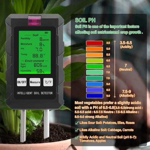 All In One 6 In 1 Soil Tester With pH Meter And LCD Display Measures Soil Moisture Temperature Humidity And Fertility For Gardening Lawn Farm And Outdoor Plants with soil pH guide