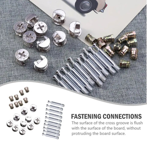 24 Sets Furniture Fastener Kit with cam locks, nuts, dowels, and bolts for cabinet assembly, heavy-duty iron and aluminum.