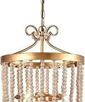 Vintage Wood Beaded Pendant Light Fixture 3 Light Chandelier for Dining Room with brass frame and adjustable chain
