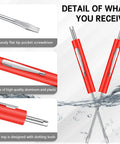 Red 10 Pack Pocket Screwdrivers With Valve Core Removal Tools, dual-use, aluminum, flat tip, close-up of features and clip