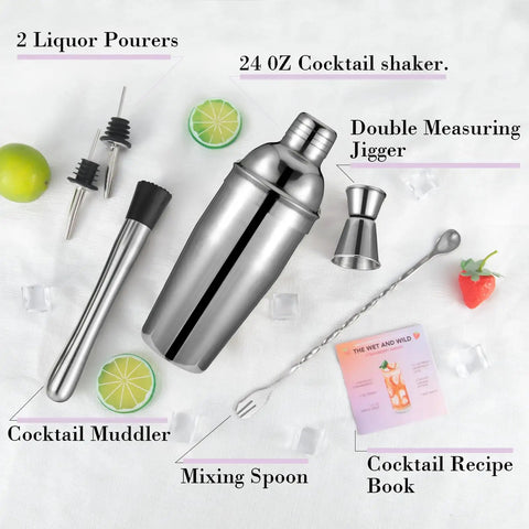 All In One 6 Piece Cocktail Shaker Set With 24 Oz Shaker Muddler Jigger Spoon And Pourers Pro Grade 18 8 Stainless Steel Rust Proof