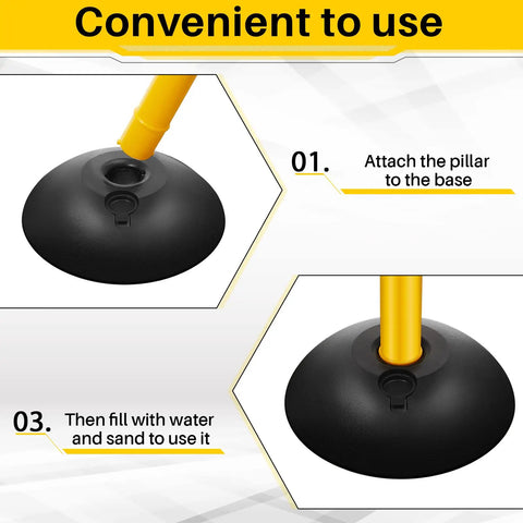 Close-up of yellow and black base assembly for the Yellow And Black Plastic Stanchion Post Set With 5 Chains And 10 S Hooks.