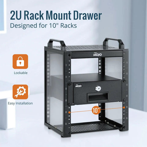 2U Rack Mount Drawer for Server Cabinet with Smooth Locking Slide, designed for 10" racks, cold rolled steel construction.