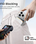 Person demonstrating RFID blocking with MagSafe Ready Leather Phone Wallet With N52 Magnets on iPhone.