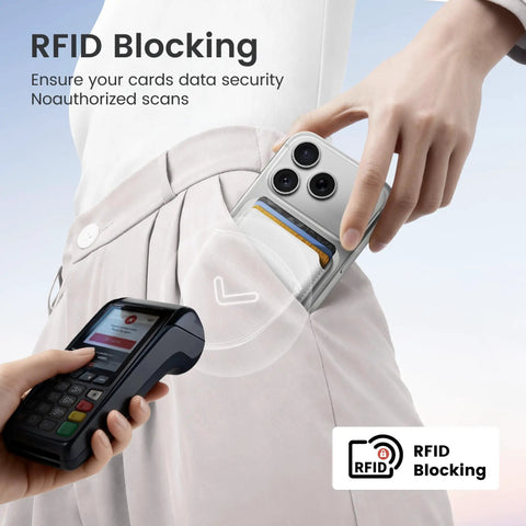 Person demonstrating RFID blocking with MagSafe Ready Leather Phone Wallet With N52 Magnets on iPhone.
