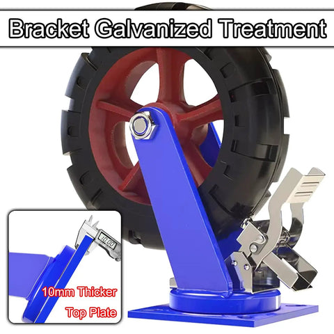 Set Of 4 Heavy Duty Plate Casters With 6 8 10 12 Inch Industrial Swivel Wheels No Noise Rubber Castors With Brakes, close-up view
