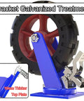 Set Of Four Heavy Duty Swivel Casters Featuring Quiet Rollin Rubber Tires And Rock Solid Plate Lock Brakes. Close-up of blue bracket with rubber wheel.