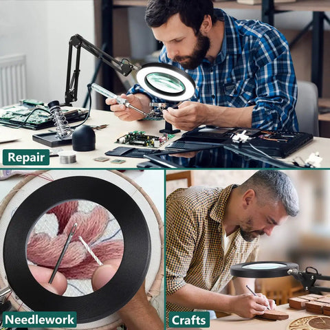 10X Magnifying Glass with Light and Stand used for close work on electronics, needlework, and crafts, with stepless dimmable LED.