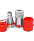 Summit Hydraulics pair of flat-face high-flow skid-steer quick-connect couplers, 3/4" NPT, metal bodies with red dust caps.