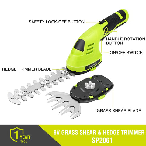 Cordless 2-In-1 Hedge Trimmer And Grass Shears With 180 Degree Rotating Head Lightweight 7.2V Handheld Electric Tool 2Ah Battery Plus USB-C Charging showcasing safety features and blades.