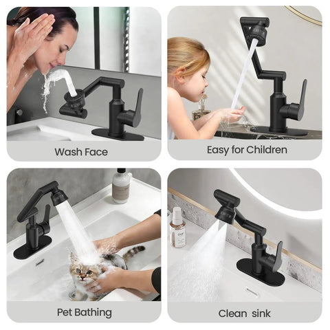 Top Shelf Stainless Steel Bathroom Sink Faucet With Slick Matte Black Finish And Full 1080 Degree Swivel Spout for washing face.