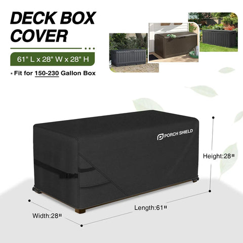 Heavy Duty Outdoor Deck Box Cover For 150 To 230 Gallon Storage 62 Inch Length 29 Inch Width 28 Inch Height Waterproof Tear Resistant 70 Percent Polyester 30 Percent PVC Rectangular Fire Pit Table Cover All Weather Black showing fit over storage box