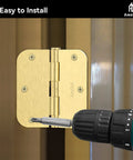 Built Tough Satin Brass Door Hinges 12 Pack 3 1/2 Inch Solid Iron Rounded Corners Pre Drilled Six Holes Easy DIY installation.