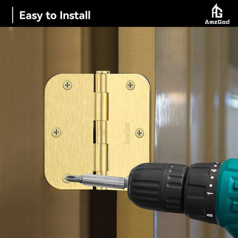 Built Tough Satin Brass Door Hinges 12 Pack 3 1/2 Inch Solid Iron Rounded Corners Pre Drilled Six Holes Easy DIY installation.