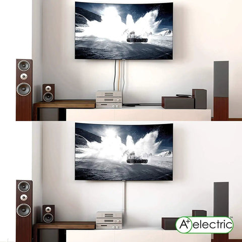 Comparative view of wall-mounted TV setup using Paintable Wire Hider Kit For Walls To Hide 1 To 2 Cables With 40 Channel Pieces and Fittings