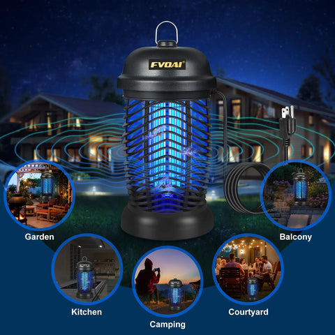 High Voltage Outdoor Bug Zapper 4200V Electric Insect Killer For Mosquitoes Flies Gnats And Wasps, Indoor Outdoor Use, 1/2 Acre Coverage, 3 Prong Plug ABS Plastic Black displayed in various settings