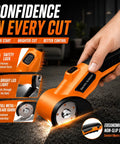 Cordless Electric Scissors With 3 Tungsten Steel Blades in use, featuring safety lock, LED light, ergonomic grip, cutting carpet