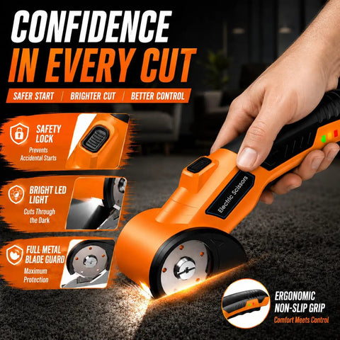 Cordless Electric Scissors With 3 Tungsten Steel Blades in use, featuring safety lock, LED light, ergonomic grip, cutting carpet