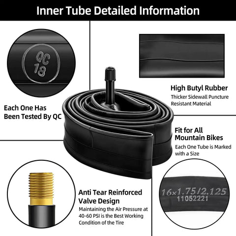 Two Pack 16 Inch Bike Inner Tubes For Kids Mountain Bikes Fits 1.75 To 2.125 Tire Width Durable Reinforced Schrader Valve 32mm