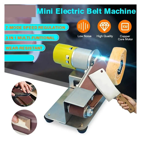 Mini Electric Belt Sander With Grinder Set Perfect For DIY Polishing And Sharpener Tasks showing 3-in-1 machine with steel base and sanding head.