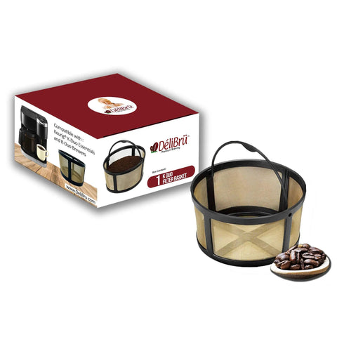 Reusable Gold Tone Mesh Coffee Filter For Keurig K Duo, 8 To 12 Cup Basket, with box and coffee beans beside it.